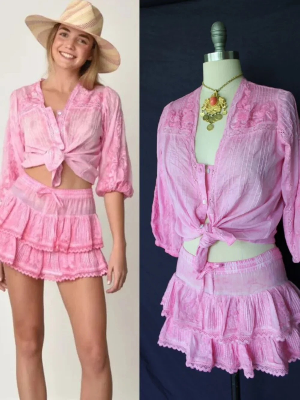 Muche & Muchette Coquette Skort skirt & top dress set blouse Pink embroidered
